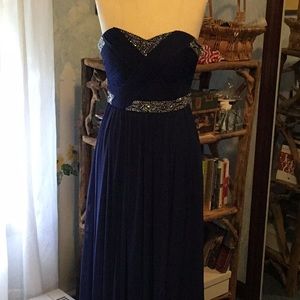 Sequined strapless navy gown!